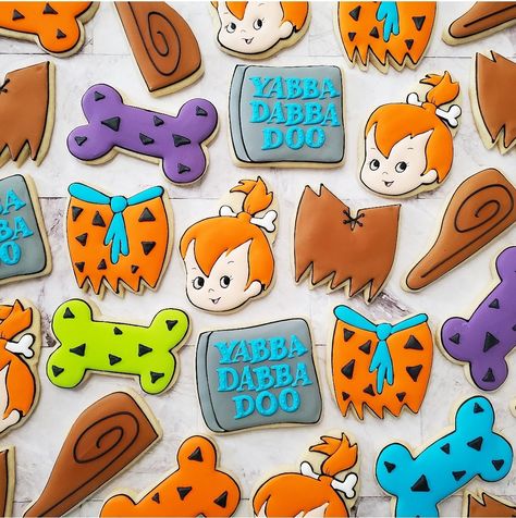 Yabba Dabba Two Cookies Decorated, Flinstones Birthday Cookies, Flintstones 1st Birthday Party Ideas, Flinstones Themed Food, Pebbles 2nd Birthday Party, Flinstones Cookies, Yabba Dabba Two Cookies, Flintstone Cookies, Flintstones First Birthday Party