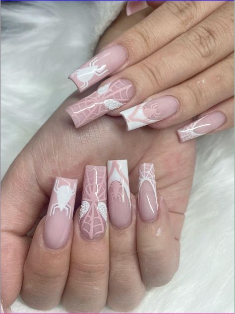 Spiderman Nails White, Gel Nails Spiderman, Nail Designs Spiderman, Sweet Nails Designs, Nails Ballerina Design, Black Matte Nail Designs, Pink Spiderman Nails, Ballerina Nails Designs Ideas, Spiderman Nails Designs