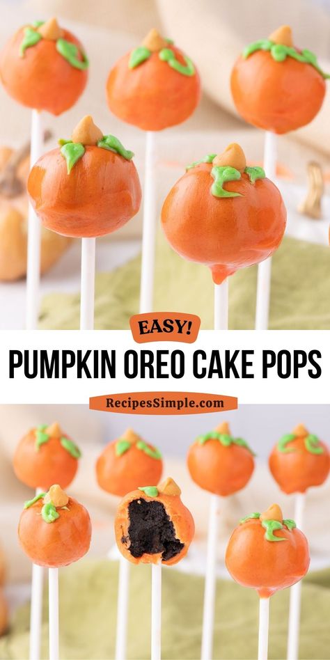 These Pumpkin Cake Pops have just five ingredients. They are filled with a rich, dark Oreo center and coated in a delicious candy coating. An easy dessert for Halloween or Thanksgiving! Oreo Balls Cake Pops, Easy Thanksgiving Cake Pops, Pumpkin Cake Pops Recipe, Halloween Cake Pops Easy, Cake Balls Halloween, Thanksgiving Cake Pops Ideas, Cake Pops Fall, Cake Pops Thanksgiving, Oreo Cake Pops Recipe