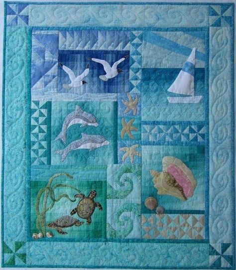 . Beachy Quilts, Beach Themed Quilts, Beach Quilts, Colchas Quilting, Ocean Quilt, Wall Quilt Patterns, Nautical Quilt, Beach Quilt, Sea Quilt