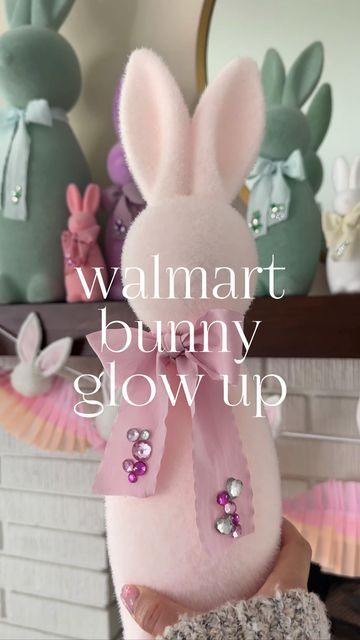 Deborah Trette on Instagram: "100% swiftie bunnies 🐰✨sharing an easy way to glam your walmart flocked bunnies! I just switched out ribbon and hot glued gems. ribbon @hobbylobby (silk-like cut edge) gems @michaelsstores be sure to save + share with an Easter lovin’ friend! #diy #diyhomedecor #diyeasy #easterdecor #easteriscoming #easterdiy #walmartfinds #walmartbunny #ltkhome #easterbunny #bhgstylemaker" Flocked Easter Bunny Decor, Flocked Bunny Decor, Flocked Reindeer, Dollar Tree Bunny Butts Diy, Flocked Bunnies, Walmart Flocked Bunny, Fleece Bunny, Walmart Finds, Bunny Decor