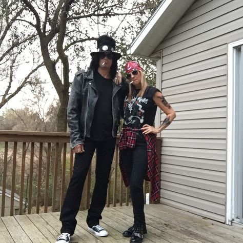 Axl Rose And Slash Costume Halloween Couples, Rock Couple Costume, Slash And Axl Costume, Rock And Roll Outfits Party, Axel Rose Costume, Rock And Roll Halloween Costumes, Slash Halloween Costume, 80s Couples Costume Ideas, Axl Rose Costume