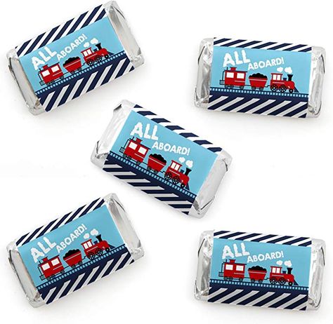 Amazon.com: Railroad Party Crossing - Mini Candy Bar Wrapper Stickers - Steam Train Birthday Party or Baby Shower Small Favors - 40 Count: Toys & Games Train Party Favors, Train Baby Shower, Train Birthday Party, Easy Party Decorations, Candy Birthday Party, Candy Bar Labels, Trains Birthday Party, Candy Stickers, Simple Baby Shower