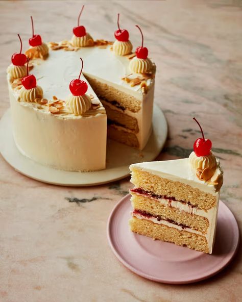 Benjamina Ebuehi’s recipe for Easter cherry bakewell cake | Food | The Guardian Cherry Bakewell Cake, Unhealthy Recipes, Bakewell Cake, Luxury Easter, Cherry Bakewell, Cherry Cocktail, Bakewell Tart, Easter Cake, Swiss Meringue Buttercream