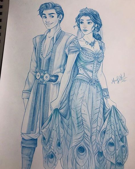 Princess Jasmine and Aladdin as Prince Ali sketch drawing from Disney's live action movie, Aladdin Princess Pregnant, Jasmine Drawing, Aladdin Art, Prince Ali, Aladdin Live, Mena Massoud, Princess Images, Punk Disney Princesses, Disney Live Action Movies