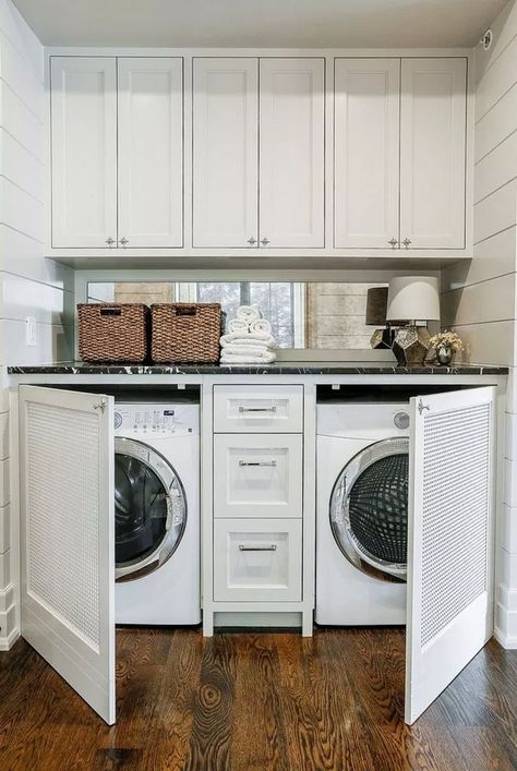 Laundry Room With No Door, Laundry Room With Back Door, Big Laundry Room Ideas Layout, Laundry Room On Sun Porch, Laundry Room Landing Zone, Laundry Room Cabinet Between Washer And Dryer, Laundry Room No Door, Hidden Laundry Room Ideas, Laundry Room Counter Over Washer Dryer