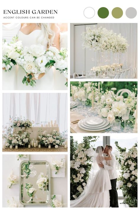 Experience a timeless English garden wedding this Spring season. A minimalistic green-and-white color palette partnered with an outdoor venue equals the English Garden Wedding Theme. English Garden Wedding Flowers, English Garden Wedding Theme, Pastel Wedding Theme, Green Wedding Decorations, Wedding Theme Color Schemes, Spring Wedding Color Palette, Black And White Wedding Theme, White Wedding Decorations, Wedding Color Pallet