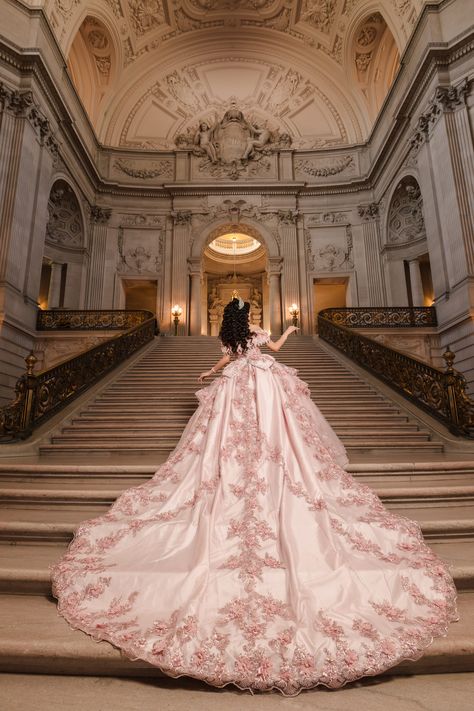 Stunning train of quinceanera's pink princess dress for San Francisco City Hall pre-event session captured by wedding and portrait photographer based in Sacramento CA Pink Princess Wedding Dresses, Couture, Princess Royalty Quinceanera Theme Pink, Pink Wedding Dress Princess, Pink Quinceanera Dresses Princess, Quinceanera Dresses Long Tail, Sweet 16 Dresses Pink And Gold, Quinceanera Wedding Dress, Sweet 16 Princess Dresses