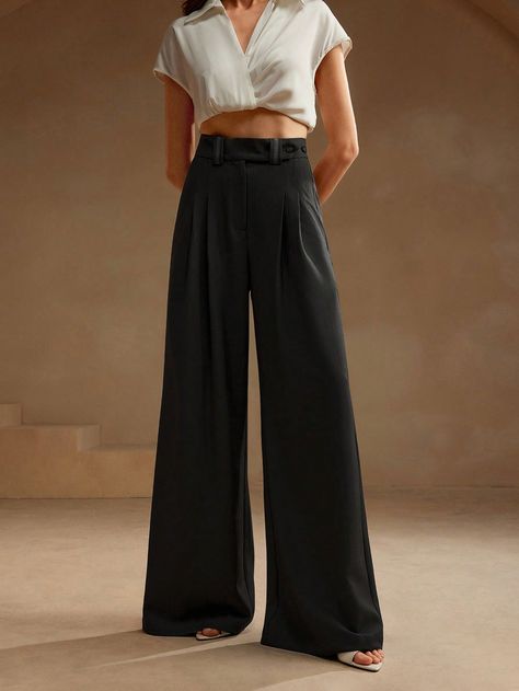 Loose Straight Leg Casual Draped Pants With Double Pleats, Commuter Slim Fit Suit Pants Black Casual   Woven Fabric Plain Flare Leg Non-Stretch  Women Clothing, size features are:Bust: ,Length: ,Sleeve Length: Slim Fit Suit Pants, Drape Pants, Slim Fit Suit, Suit Pants, Kids Beachwear, Wide Leg Jeans, Skirt Fashion, Suits For Women, All Fashion