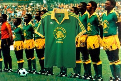 Adidas Zaire World Cup 1974... Zaire were the first Sub-Saharan African team to participate in a World Cup Finals. Despite respectable performances against Scotland, Yugoslavia and Brazil in WC1974, they were defeated in all three matches with a total goal difference of 0-14. International Football, African Beauty, Leopards, Congo Kinshasa, In A World, Fitness Inspo, World Cup, Adidas Originals, Varsity Jacket