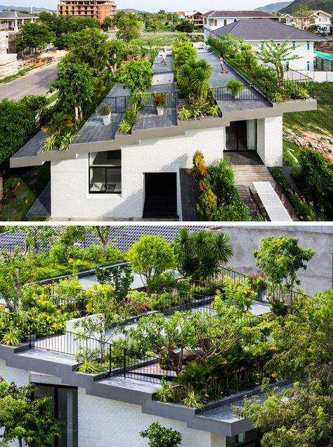 Contemporary house with rooftop terraced garden design Rooftop Garden Design, Rooftop Garden Urban, Green Roof Garden, Urban Garden Design, Living Roofs, Roof Architecture, Garden Design Ideas, Green Architecture, Rooftop Garden