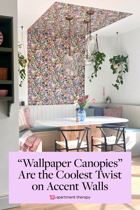 See a "wallpaper canopy" — the coolest new twist on accent walls — and learn how to DIY it yourself. Wallpaper Wall Dining Room, Wallpaper Scraps Projects, Wallpaper Crafts Ideas Projects, Wallpaper House Accent Walls, Wallpaper Accent Wall Ideas, Fabric Wallpaper Diy, Wallpaper Accent Walls, Wallpaper Lounge, Accent Wall Wallpaper