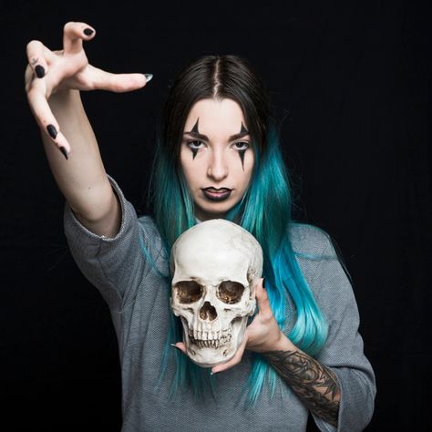 Creepy female holding human skull Free P... | Free Photo #Freepik #freephoto #background #halloween #woman #camera Hands Over Face Reference, Woman Holding Skull, Holding Skull, Rhinestone Skeleton, Bangs Side, Skull Reference, Gothic Photography, Dream Photography, Female Reference