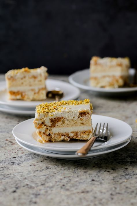 Kulfi Tiramisu - this Indian tiramisu fusion combines creamy, cardamom-scented kulfi with coffee infused cake to create a showstopping, layered dessert. It’s absolutely epic! Indian Tiramisu, Kulfi Tiramisu, Raw Pistachios, Layered Dessert, Vegan Gluten Free Desserts, Vegan Breakfasts, Vegan Cakes, Layered Desserts, Sweet Meat