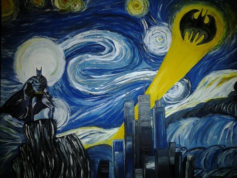 My version of Batman Starry Night Goodbye June, Batman Painting, Zoo Atlanta, Recycled Art Projects, Drawing Cartoon Faces, Superhero Wallpaper, Knight Art, Starry Night Van Gogh, Van Gogh Art