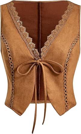 Mocha Brown, Cowgirl Style, V Neck Vest, Western Cowgirls, Y2k Outfits, Western Cowgirl, Sleeveless Jacket, Women Lace, Amazon Women