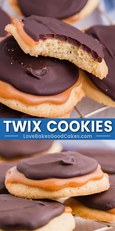 Twix Cookies pin collage Twix Bites, Twix Candy, Caramel Recipe Easy, Love Bakes Good Cakes, Good Cakes, Caramel Dessert Recipes, Twix Bars, Twix Cookies, Cookie Recipes Homemade