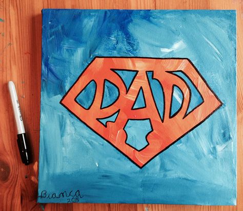 Super Dad Acrylic Painting by Dalis (includes step by step tutorial!) Dad Painting Ideas, Fathers Day Painting Ideas, Fathers Day Painting Canvases, Paintings For Dad, Painting For Dad, Fathers Day Painting, Father's Day Painting, Superhero Painting, Mom Dad Anniversary