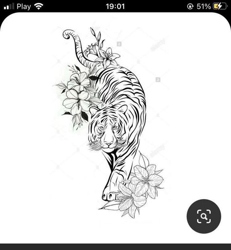 Tiger On Shin Tattoo, Tiger Leaves Tattoo, Tiger And Flowers Tattoo Design, Tiger Tattoo Placement, Tiger Tattoo Feminine, Thigh Tiger Tattoo, Tattoos On Hip, Tiger Tattoo Thigh, Women's Tattoos