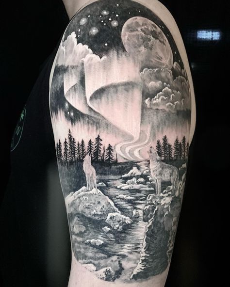 Wolf Clouds Tattoo, Northern Lights Tattoo Black And White, Night Time Tattoo, Nature Themed Tattoos, Night Sky Tattoo, Lights Tattoo, Scenic Tattoo, Night Sky Tattoos, Wife Tattoos