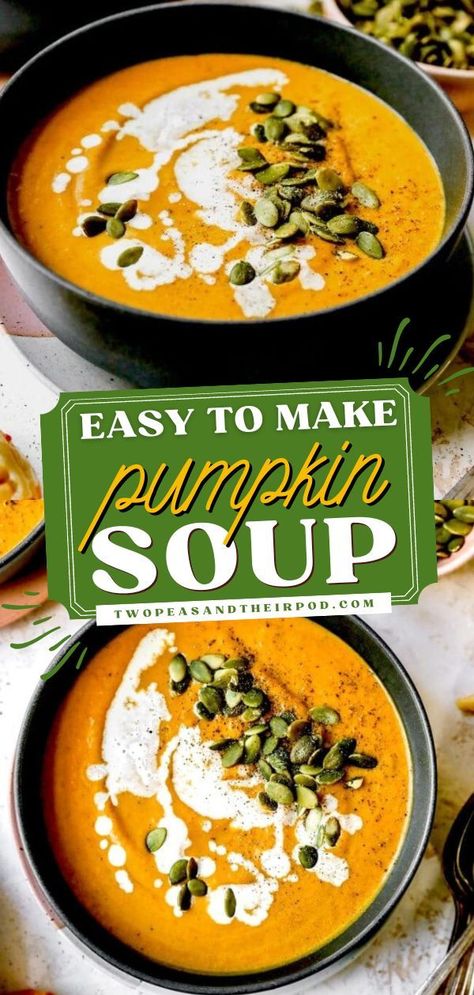 This Easy Pumpkin Soup is a creamy homemade soup made with canned pumpkin puree and filled with fresh flavors and warm spices! It's the best pumpkin recipe for your Thanksgiving recipes or Fall comfort food! Pumpkin Puree Recipes Healthy, Puree Soup Recipes, Healthy Pumpkin Soup, Easy Pumpkin Soup, Fresh Pumpkin Recipes, Pumpkin Soup Healthy, Spiced Pumpkin Soup, Pumpkin Breakfast Recipes, Pumpkin Puree Recipes