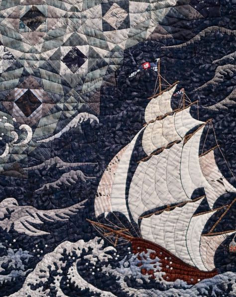 Storm At Sea Quilt Ideas, Storm At Sea Quilt, Storm At Sea, Nautical Quilt, Sea Quilt, Landscape Art Quilts, Landscape Quilt, Japanese Quilts, Landscape Quilts