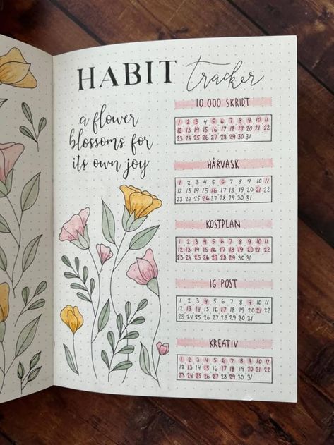 May Bullet Journal Ideas Layout, Floral Habit Tracker, Flower Habit Tracker, Flower Bullet Journal Theme, Bullet Journal Flowers, Bujo Page Ideas, Daily Bullet Journal, May Bullet Journal, Bujo Weekly Spread