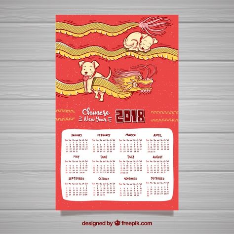 Chinese New Year Calendar, New Year Calendar, Calendar Download, Year Calendar, Vector Hand, Chinese New Year, Brand Identity, Hand Drawn, Vector Free