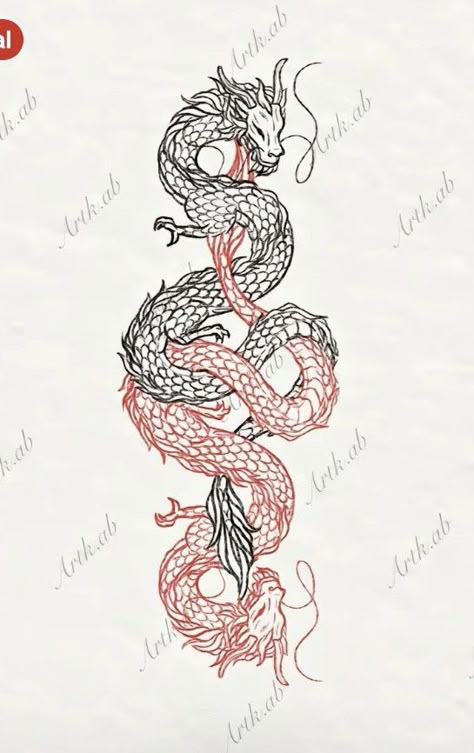 Dragon Tattoo On Leg For Men, Dragon Tattoo Black Red, Red And Black Dragon Tattoo For Women, Dragon And Rose Tattoo Design, Spiral Dragon Tattoo, Men Dragon Tattoo Back, 2 Dragons Tattoo Back, Red Black Dragon Tattoo, Dual Dragon Tattoo