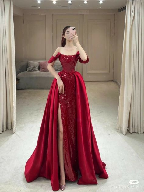 Red Gown Evening Glamour, Red Debut Gown, Red Gala Dresses, Extravagant Party, Dresses With Slits, Long Formal Dresses, Red Dresses Classy, Princess Ball Gowns, Prom Dress Inspiration