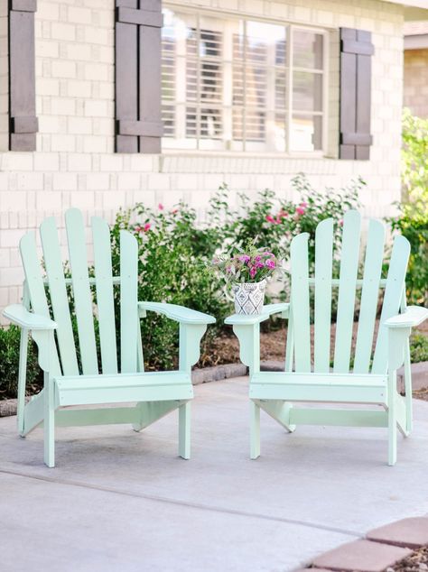 Cottage Style Backyard, Painted Adirondack Chairs, Backyard Patio Decor, Enchanted Meadow, Adirondack Chairs Diy, Painted Outdoor Furniture, Chairs Diy, Wood Adirondack Chairs, Painted Patio