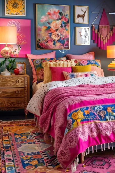 Pink And Teal Home Decor, Bright Boho Bedroom Ideas, Colorful Whimsical Bedroom, Colorful Adult Bedroom, Boho Colorful Bedroom, Master Room Inspiration, Colorful Bedroom Ideas For Adults, Colourful Bedroom Ideas, Maximalist Bedroom Aesthetic