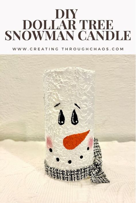 I love candles, especially around the holidays, and when I can incorporate Snowmen in with them its even better. So being able to make my own Snowman candle was right up my alley. Follow along with me and learn how to make a DIY Dollar Tree Snowman Candle. Supplies:Dollar Tree Battery Operated Pillar CandleAleenes Glitter Snow- Amazon Acrylic Paints- Black, White, Pink and OrangeScrap of Fabric We are going to start this DIY by using a paint brush to cover the entire candle with th… Creating Through Chaos Snowman, Dollar Tree Snowman, Library Christmas, Dt Crafts, Snowman Crafts Diy, Love Candles, Snowman Candle, Christmas Crafty, Tree Snowman