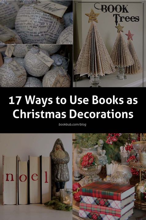 From wreaths to Advent calendars to trees, here are 17 incredible ways to use books in your Christmas decorations! #books #Christmas #bookdecor Christmas Tree From Book Pages, Book Themed Christmas Tree Ideas, Book Page Garland Christmas, Christmas Trees From Books, Christmas Tree Books Diy, Diy Book Christmas Tree, Christmas Crafts With Old Books, Book Paper Christmas Decorations, Christmas Books Decor