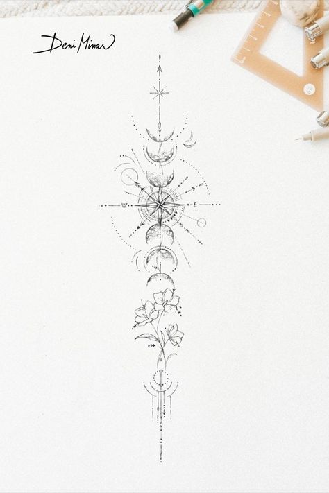 Back Travel Tattoo, Compass Tattoo On Back, Linear Arm Tattoos For Women, Cute Moon And Stars Tattoo, Spine Compass Tattoo Women, Spine Nature Tattoo, Pisces Tattoos Ideas, Compass And Moon Phases Tattoo, Spine Tattoos For Women Geometric