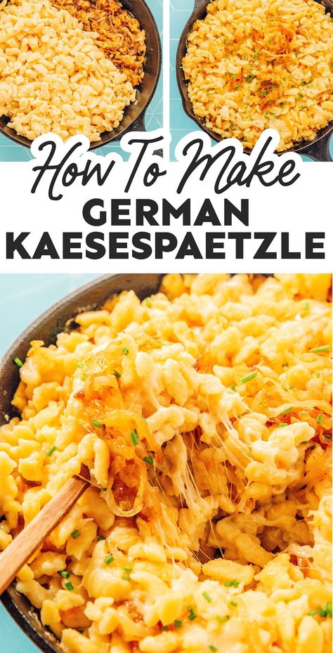 Nothing says comfort like a heaping bowl of German Cheese Spaetzle (or Käsespätzle), a blend of spaetzle, caramelized onion, and cheese! It's a flavor packed healthy pasta recipe that the whole family will love. German Spaetzle Recipes, Spatzle Recipe Dishes, Spetzel Recipe Easy, Spatzle Recipe, Spaetzle Recipes, Speatzle Recipe, German Pasta, German Side Dishes, Cheese Spaetzle