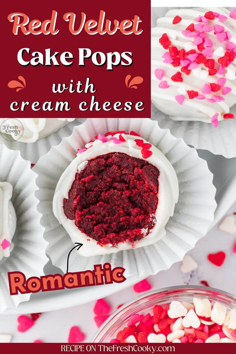 Whip up these Red Velvet Cake Pops With Cream Cheese for a sweet and romantic dessert! My red velvet cake pops have a little less sugar compared to cake pops made with frosting, ours are made with cream cheese. Get the easy recipe from thefreshcooky.com #redvelvetcakepops #lowersugarcakepops Easy Chocolate Cake Pops Recipe, Cake Pops Recipe Red Velvet, Cake Pop With Cream Cheese, Red Velvet Balls With Cream Cheese, White Chocolate Raspberry Cake Pops, Red Velvet Cake Pops Cream Cheese, Red Velvet Cake Bites, Red Velvet Cake Truffles, Red Velvet Cake Balls With Cream Cheese