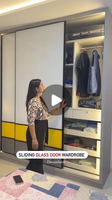 DreamIntro on Instagram: "Sliding soft close glass door wardrobe. . . . Project location- Ganga Platino, Kharadi. Design By @dreamintrodesigns  . . . #interiör #wardrobe #wardrobestylist #luxurywardrobe #wardrobedesign #cupboards #wardrobestyling #interiordesignideas #architexture #design #daily #instadaily #instagram #homedesign #homedecoration #bedrooms #treding #interiordecorator" Wardrobe Design Bedroom Modern Inside, Double Door Sliding Wardrobe Design, Sliding Glass Door Wardrobe Designs, Wardrobe With Bathroom Door, Kids Sliding Wardrobe Design, Wardrobes For Bedrooms Sliding Doors, Cupboard Sliding Doors Wardrobe Design, Mirror On Wardrobe, Simple Cupboard Design For Bedroom