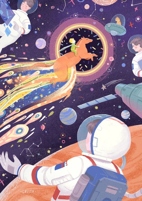 Hello Little Prince on Behance Light Illustration Art, Outer Space Illustration, Universe Illustration, Galaxy Illustration, Graphic Design Drawing, Nasa Art, Illustration Space, Astronaut Illustration, Space Illustration