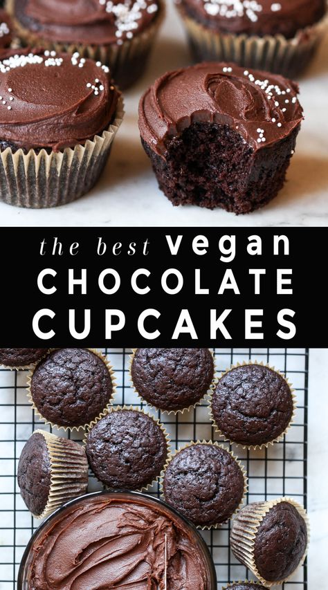 Two photos of vegan chocolate cupcakes with frosting and white sprinkles with text overlay that reads "the best vegan chocolate cupcakes" Moist Vegan Cupcakes, Healthy Vegan Chocolate Muffins, Easy Vegan Chocolate Cupcakes, Dairy Free Chocolate Cupcake Recipe, Cupcake Recipes Dairy Free, Healthy Vegan Chocolate Desserts, Healthy Vegan Cupcakes, Vegan Black Forest Cupcakes, Best Vegan Cupcake Recipe