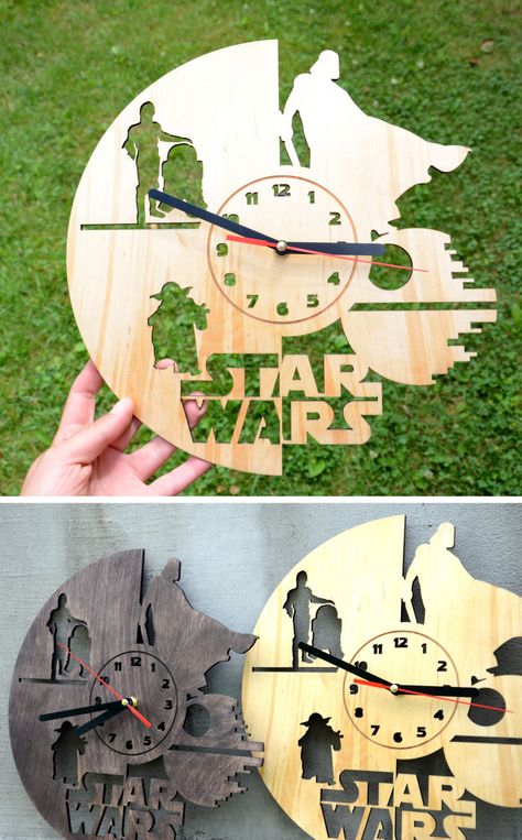 15 Unique Handmade Wall Clock Designs To Personalize Your Home Decor Star Wars Wall, Wooden Clocks, Star Wars Wall Art, Handmade Wall Clocks, Star Wars Decor, Star Wars Diy, Brother Christmas, Best Boyfriend Gifts, Laser Engraved Ideas