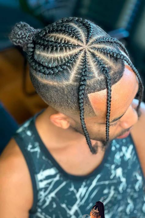 Man bun braids are one of the trendiest men long hairstyles. There is a wide variety of braided bun styles for white and Black men, from a braid bun fade to a top knot with braids. #menshaircuts #menshairstyles #manbunbraids #braidedmanbun Man Bun Braids, Cornrows Men, Braided Bun Styles, Man Bun Styles, Box Braids Men, Bun Braids, Braids With Fade, Braided Man Bun, Braid Styles For Men