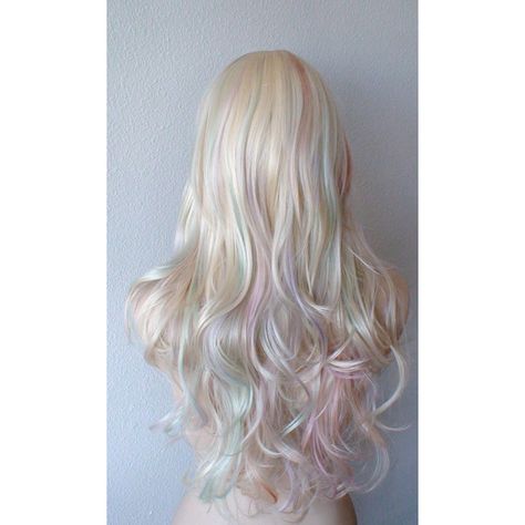 White Hair With Pink Streaks, Platinum Blonde With Color Highlights, Platinum Blonde With Pink Highlights, Curly Half Wig, Pastel Rainbow Hair, Pastel Wig, Mha Dr, Cotton Candy Hair, Rainbow Wig