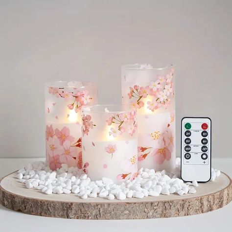 Sakura Led Glass Flameless Pillar Candles With Remote Control, Battery Powered, Timer, - Temu Timer Candles, Glass Candles, Battery Operated Candles, Pink Hydrangea, Flickering Candles, Led Candle, Candle Warmer, Flameless Candles, Rose Gold Wedding