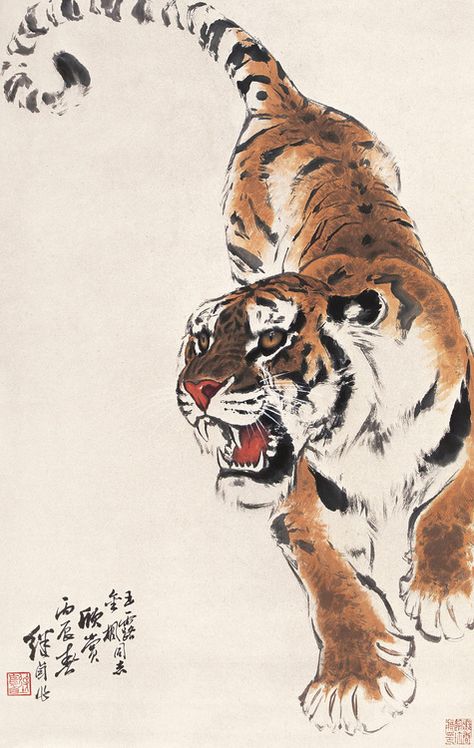 Liu Jiyou Growling Tiger, Art Tigre, Tato Naga, Tiger Drawing, Wall Scroll, American Flag Eagle, Eagle Tattoo, Chinese Brush, Japon Illustration