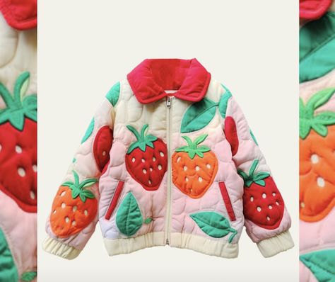 Strawberry Jacket, Big Strawberry, Animal Print Vests, Ropa Upcycling, Applique Jacket, Cute Jackets, Collar Jacket, Couture Vintage, Cool Clothes