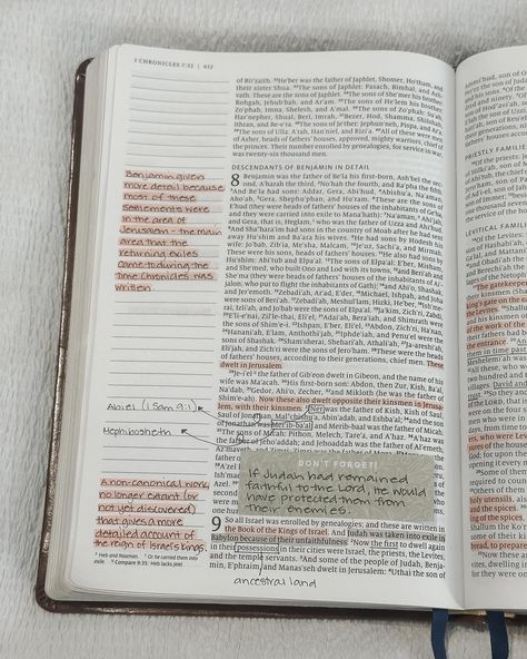 The first chapters of 1 Chronicles can be difficult to get through. Genealogies, geographies, and work duties can make for some dry reading, but there are many important reminders and little nuggets to be cleaned from such texts. . . . #catholic #christian #catholicwoman #catholicmom #catholicconvert #bible #holybible #theology #biblestudy #biblestudynotes #biblenotes #biblejournaling #scripture #wordofgod #catholicbiblestudy #catholicbiblejournal #catholicbible #journalingbible #mybible #in... Important Reminders, Journaling Aesthetic, Worship Jesus, Personal Bible Study, Bible Journaling Ideas Drawings, Catholic Bible, Bible Journal Notes, Our Father In Heaven, Inspire Bible Journaling