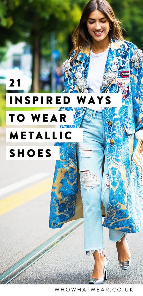 Always wanted to know how to wear metallic shoes? Well, we've got 21 amazing street style looks that show you how—from gold boots worn with denim to pretty skirts paired with silver kitten heels. Metallic Blue Shoes Outfit, Shiny Heels Outfit, Iridescent Shoes Outfit, Metallic Silver Heels Outfits, Gold Shoe Outfits, Metallic Kitten Heels Outfit, Metalic Heel Outfit, Silver Shoes Street Style, Chrome Pumps Outfit