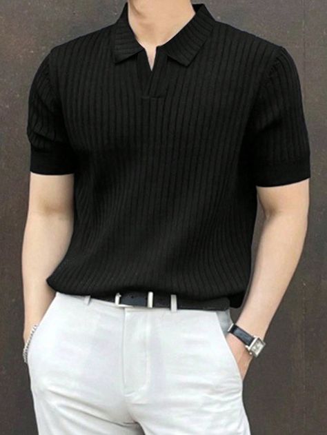 Solid Ribbed Polo Shirt For Men Black Casual  Short Sleeve Rib knit Plain  Medium Stretch  Men Clothing, size features are:Bust: ,Length: ,Sleeve Length: Outfits For Men Black, Black Shirt Men, Men's Summer Outfit, Men's Business Outfits, Polo Shirt Outfits, Mens Business Casual Outfits, Polo Outfit, Classy Outfits Men, Men Fashion Casual Shirts