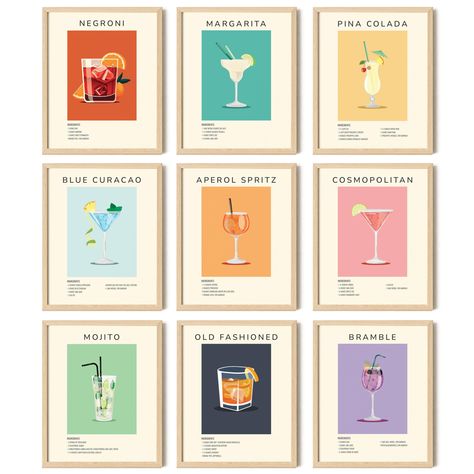 PRICES MAY VARY. CLASSY COCKTAIL ART PRINT: Add a focal point to your bar cart decor with these neat pastel cocktail prints! Each alcohol poster can fit any style, be it apartment decor aesthetic wall art, dorm wall decor, or y2k cocktail preppy poster wall PREMIUM ALCOHOL DECOR SET includes 9 pcs classic cocktails poster 8x10" and adhesive dots to hang every cocktail artwork on your cocktail theme wall art GET INTO THE SPIRITS with these cocktail decorations for drinks, with vintage cocktail re Drink Wall Prints, Trendy Alcohol Posters, In Home Bar Decor, Neon Sign Wall Art, Aperol Wall Art, Girl Apartment Wall Art, Apartment Bar Decor, Wall Decor For College Apartment, Art Wall Apartment